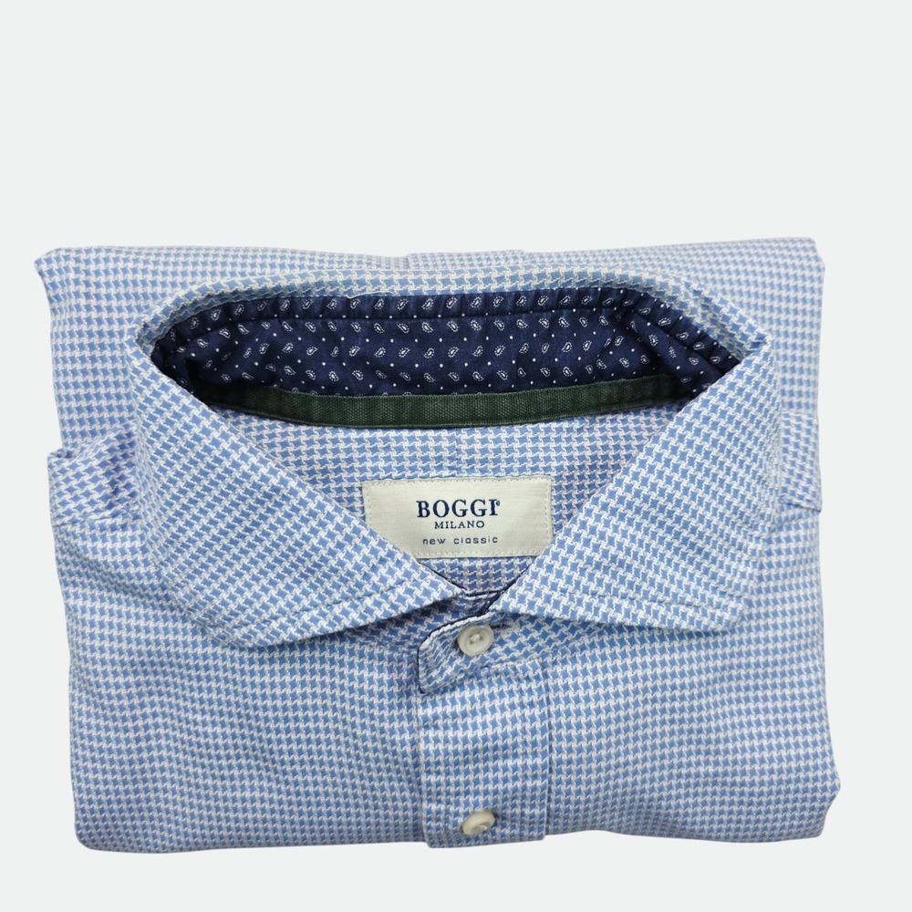 Boggi Milano New Classic Mens Blue Houndstooth Button Down Shirt Spread Collar - Picture 9 of 9